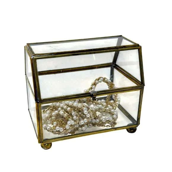 Brass Glass Jewelry Box Hinged Trinket Display Casket 4.5" T Footed Vintage MCM - Picture 3 of 9